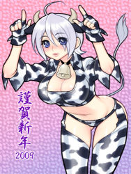 Rule 34 | 00s, 1girl, 2009, ahoge, angel (kof), animal ears, animal print, bell, neck bell, bikini, blue eyes, breasts, choker, cleavage, cow girl, cow horns, cow print, cow tail, gloves, hairband, horns, large breasts, lowres, navel, snk, solo, swimsuit, tail, the king of fighters, white hair