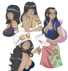 Rule 34 | 1girl, absurdres, armlet, bag, black hair, blue dress, blue eyes, blue shirt, blunt bangs, breasts, cleavage, commentary, cowboy shot, dress, eiriseth, english commentary, eyewear on head, floral print, hand on own chin, hat, highres, holding, holding paper, large breasts, long hair, looking to the side, medium breasts, medium hair, multiple tails, nico robin, one piece, paper, pink sarong, purple bag, purple shirt, sarong, shirt, shoulder bag, sidelocks, simple background, smile, solo, tail, white background, white hat