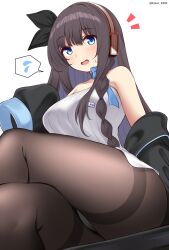Rule 34 | 1girl, ass, azur lane, bare shoulders, black jacket, black ribbon, blue bow, blue choker, blue eyes, blush, bow, braid, breasts, brown hair, brown pantyhose, choker, commentary request, crossed legs, dress, feet out of frame, flying sweatdrops, hair between eyes, hair ribbon, headphones, highres, jacket, kamishiro (rsg10679), large breasts, long hair, long island (azur lane), long sleeves, looking at viewer, notice lines, off shoulder, open clothes, open jacket, panties, pantyhose, puffy long sleeves, puffy sleeves, ribbon, simple background, sitting, sleeves past fingers, sleeves past wrists, small sweatdrop, solo, spoken flying sweatdrops, strapless, strapless dress, sweat, thighband pantyhose, thighs, twitter username, underwear, very long hair, white background, white dress, white panties