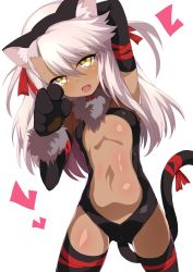 Rule 34 | 1girl, absurdres, animal ears, animal hands, arm behind head, arm up, armpits, bad id, bad twitter id, black gloves, black leotard, black thighhighs, cat ears, cat tail, center opening, chloe von einzbern, dangeroes beast (illya), dark-skinned female, dark skin, elbow gloves, fake animal ears, fate/kaleid liner prisma illya, fate (series), flat chest, gloves, hairband, highres, leotard, long hair, open mouth, paw gloves, paw pose, pink hair, shimejinameko, smile, solo, tail, thighhighs, two side up, yellow eyes