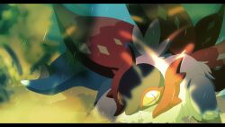 Rule 34 | + +, animal focus, commentary request, creatures (company), day, game freak, highres, horns, kompeito fox, nintendo, no humans, outdoors, partial commentary, pokemon, pokemon (creature), shadow, slither wing, solo, white fur, yellow eyes