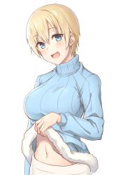 Rule 34 | 1girl, :d, blonde hair, blue eyes, blue sweater, blush, brave witches, breasts, clothes lift, cowboy shot, fur trim, hair between eyes, highres, impossible clothes, large breasts, lifting own clothes, lips, long sleeves, looking at viewer, momiji7728, navel, nikka edvardine katajainen, open mouth, short hair, simple background, smile, solo, sweater, sweater lift, turtleneck, turtleneck sweater, white background, world witches series