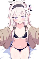 Rule 34 | 1girl, bikini, black bikini, black hairband, blue archive, blush, breasts, brown jacket, closed mouth, collarbone, cowboy shot, flower, grey hair, grey halo, hair flower, hair ornament, hairband, halo, highres, himari (blue archive), io9, jacket, long hair, long sleeves, looking at viewer, mole, mole under eye, open clothes, open jacket, pointy ears, purple eyes, simple background, sitting, small breasts, smile, solo, striped clothes, striped hairband, swimsuit, white background, white flower