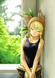 Rule 34 | 1girl, against wall, bare arms, blonde hair, blurry, braid, breasts, breasts squeezed together, brown hat, closed eyes, clothes around waist, collarbone, depth of field, hat, hat with ears, highres, hotateyuki, jumpsuit, large breasts, leaf, leaning to the side, one-piece swimsuit, original, school swimsuit, side braid, smile, solo, stitches, swimsuit, swimsuit under clothes, twin braids, upper body, wall