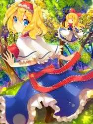 Rule 34 | 1girl, alice margatroid, apron, blonde hair, blue dress, blush, capelet, doll, dress, dutch angle, forest, from behind, hair ribbon, hairband, highres, long hair, looking at viewer, looking back, nature, parted lips, ribbon, sash, shanghai doll, short hair, solanikieru, solo, sunlight, touhou, tree, waist apron