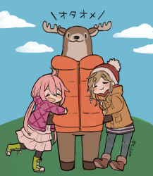 Rule 34 | 2girls, :d, beanie, black legwear, blue sky, blush stickers, boots, brown footwear, brown hair, brown headwear, brown jacket, closed eyes, closed mouth, cloud, commentary request, cross-laced footwear, day, fang, fang out, green footwear, hair between eyes, hat, hood, hood down, hooded jacket, hug, inuyama aoi, jacket, jam (lc jam), kagamihara nadeshiko, lace-up boots, layered skirt, long hair, long sleeves, low twintails, multiple girls, open clothes, open jacket, open mouth, outdoors, pantyhose, pink hair, pink jacket, reindeer, short eyebrows, skirt, sky, sleeves past wrists, smile, thick eyebrows, translation request, twintails, twitter username, very long hair, white skirt, yurucamp