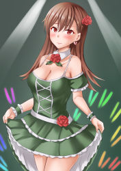 Rule 34 | 1girl, anti (untea9), blush, breasts, brown eyes, brown hair, cleavage, closed mouth, collarbone, cowboy shot, dress, earrings, flower, green dress, hair between eyes, hair flower, hair ornament, heart-shaped lock, heart lock (kantai collection), highres, jewelry, kantai collection, large breasts, long hair, ooi (kancolle), red flower, short sleeves, solo, wrist cuffs