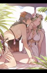 Rule 34 | 2girls, adjusting another&#039;s hair, all fours, beach umbrella, bikini, black bikini, blue hair, breasts, byleth (female) (fire emblem), byleth (female) (summer) (fire emblem), byleth (fire emblem), cape, cleavage, dagger, fire emblem, fire emblem: three houses, fire emblem heroes, flower, green hair, hair flower, hair ornament, highres, ikarin, knife, letterboxed, looking at another, multiple girls, nintendo, official alternate costume, palm tree, plant, rhea (fire emblem), shade, sitting, smile, sunlight, swimsuit, tree, umbrella, wariza, weapon, yuri