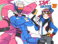 Rule 34 | 1boy, 1girl, :3, anger vein, bodysuit, brown hair, contrapposto, cosplay, costume switch, crossed arms, d.va (overwatch), d.va (overwatch) (cosplay), facial mark, gdgd, gloves, gun, hand on own hip, headphones, jacket, leaning on object, long hair, mask, mecha, meka (overwatch), mouth mask, muscular, over shoulder, overwatch, overwatch 1, parody, robot, short hair, smug, soldier: 76 (overwatch), soldier: 76 (overwatch) (cosplay), standing, visor, weapon, weapon over shoulder, whisker markings, white hair