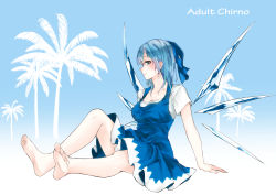 Rule 34 | 1girl, absurdres, arm support, barefoot, blue bow, blue dress, blue hair, blush, bow, breasts, character name, cirno, cleavage, collarbone, dress, feet, from side, full body, green eyes, hair bow, highres, ice, ice wings, looking at viewer, medium breasts, nagata nagato, aged up, profile, short sleeves, smile, soles, solo, toes, touhou, wings