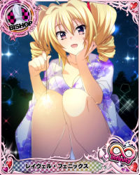 Rule 34 | 1girl, ahoge, bare shoulders, bishop (chess), blonde hair, blue eyes, blush, breasts, card (medium), character name, chess piece, cleavage, drill hair, high school dxd, japanese clothes, kimono, large breasts, long hair, looking at viewer, official art, ravel phenex, smile, solo, trading card, twin drills