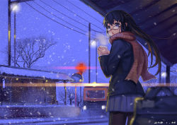 Rule 34 | 1girl, blurry, dated, depth of field, glasses, lips, long hair, open mouth, original, pantyhose, scarf, shuizhanglang, skirt, sky, snow, solo, standing, train, tree