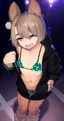 Rule 34 | 1girl, :d, animal ears, artist name, bikini, bikini under clothes, black jacket, breasts, collarbone, ear piercing, eyes visible through hair, grey hair, hair between eyes, hand in pocket, highres, indoors, jacket, long sleeves, looking at viewer, loose socks, mole, mole on breast, mole on stomach, mole under mouth, multiple moles, navel, open clothes, open jacket, open mouth, original, partially unzipped, piercing, print bikini, rabbit ears, rabbit girl, short hair, small breasts, smile, socks, solo, stomach, string bikini, swimsuit, tongue, tongue out, tongue piercing, watch, wristwatch, yoako, zipper