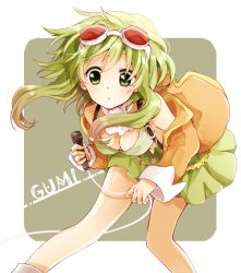 Rule 34 | 00s, 1girl, :o, bad id, bad pixiv id, bent over, breasts, character name, cleavage, downblouse, goggles, goggles on head, green eyes, green hair, gumi, leaning forward, medium breasts, gumi (v3 megpoid), microphone, noki (potekoro), solo, vocaloid
