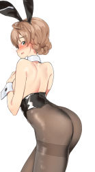 Rule 34 | 1girl, animal ears, ass, back, bare back, blush, braid, brown hair, brown pantyhose, corset, covering privates, covering breasts, detached collar, djheycha, fake animal ears, green eyes, highres, idolmaster, idolmaster million live!, idolmaster million live! theater days, long hair, looking at viewer, looking back, nose blush, open mouth, pantyhose, rabbit ears, sakuramori kaori, simple background, solo, thighband pantyhose, topless, white background, wrist cuffs