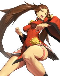Rule 34 | 1girl, breasts, brown eyes, brown hair, china dress, chinese clothes, clenched hands, cowboy shot, dress, fighting stance, from below, guilty gear, guilty gear xrd, hair ornament, hairclip, highres, impossible clothes, impossible dress, kuradoberi jam, long hair, medium breasts, miniskirt, open mouth, red dress, skirt, solo, thigh strap, very long hair, white background, wide sleeves, zaki (narashigeo)