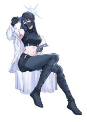 Rule 34 | 0f2b40, 1girl, absurdres, armpits, bare shoulders, baseball cap, belt, black belt, black gloves, black hair, black hat, black mask, black pants, black shirt, blue archive, blue eyes, boots, breasts, chest harness, chinese commentary, coat, commentary, crop top, cross-laced footwear, crossed legs, full body, gloves, halo, hand up, harness, hat, highres, invisible chair, knee boots, lace-up boots, long hair, looking at viewer, mask, medium breasts, midriff, mouth mask, navel, pants, saori (blue archive), shirt, simple background, sitting, sleeveless, sleeveless shirt, solo, underbust, white background, white coat