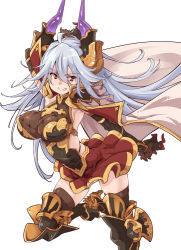 Rule 34 | 10s, 1girl, blue hair, breasts, draph, gloves, granblue fantasy, grin, horns, large breasts, long hair, looking at viewer, red eyes, simple background, smile, solo, threo (granblue fantasy), thomasz, white background