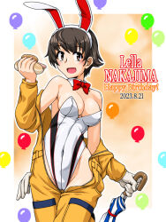 Rule 34 | 1girl, animal ears, birthday, blush, bow, bowtie, breasts, brown eyes, brown hair, character name, cleavage, covered navel, dated, fake animal ears, girls und panzer, happy birthday, highres, hot dog, jumpsuit, large breasts, leotard, looking at viewer, nakajima (girls und panzer), oosaka kanagawa, open mouth, playboy bunny, rabbit ears, red bow, red bowtie, short hair, smile, solo, umbrella, white leotard