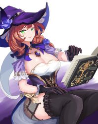 Rule 34 | 1girl, absurdres, black thighhighs, book, breasts, brown gloves, brown hair, cleavage, closed mouth, floating, floating book, floating object, flower, genshin impact, gloves, green eyes, hat, hat flower, highres, large breasts, lisa (genshin impact), long hair, looking at viewer, open book, purple flower, purple hat, purple rose, rikihana momo, rose, see-through, shiny skin, signature, simple background, sitting, smile, solo, thighhighs, vision (genshin impact), white background, witch hat