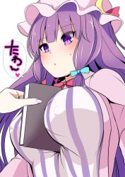 Rule 34 | 1girl, amisu, between breasts, blush, book, book stack, breasts, covered erect nipples, crescent, crescent hair ornament, dress, from below, hair ornament, hat, holding, holding book, large breasts, long hair, looking down, mob cap, patchouli knowledge, purple eyes, purple hair, solo focus, striped clothes, striped dress, tawawa challenge, touhou