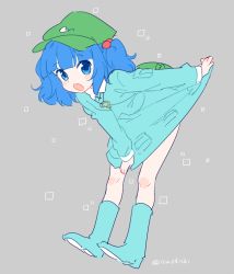 Rule 34 | 1girl, backpack, bag, blue eyes, blue footwear, blue hair, blush stickers, boots, commentary, full body, green bag, green hat, grey background, hair bobbles, hair ornament, hat, ica, kawashiro nitori, key, leaning forward, legs, looking at viewer, open mouth, round teeth, simple background, skirt hold, solo, standing, teeth, touhou, twitter username, two side up