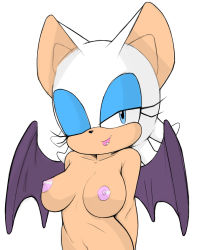 Rule 34 | 1girl, animal ears, arms behind back, bat ears, bat wings, blue eyes, breasts, collarbone, female focus, filthypaladin, furry, furry female, half-closed eyes, large breasts, looking at viewer, navel, nipples, nude, one eye closed, open mouth, rouge the bat, simple background, smile, solo, sonic (series), upper body, white background, wings, wink