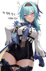 Rule 34 | 1girl, black gloves, black hairband, blue cape, blue hair, blue necktie, blush, boots, breasts, cape, chest harness, clothing cutout, commentary, eula (genshin impact), genshin impact, gloves, hair ornament, hairband, hand on own hip, harness, high-waist shorts, highres, junmin, large breasts, long sleeves, medium hair, necktie, puffy long sleeves, puffy sleeves, shorts, shoulder cutout, simple background, solo, thick thighs, thigh boots, thighs, translation request, vision (genshin impact), white background, white sleeves, yellow eyes
