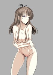 Rule 34 | 1girl, bad id, bad pixiv id, breast hold, breasts, brown eyes, brown hair, censored, convenient censoring, hair censor, hair over breasts, highres, large breasts, long hair, navel, nude, ryuuzaki ichi, short hair, simple background, solo