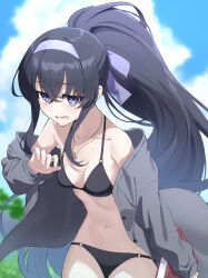 Rule 34 | 1girl, bikini, black bikini, black hair, blue archive, blue bikini, blue eyes, blue hairband, blue sky, book, breasts, cardigan, cloud, collarbone, crossed bangs, daifuku (tkja3555), day, grey card, hair between eyes, hairband, highres, holding, holding book, jewelry, long hair, looking at viewer, medium breasts, navel, necklace, o-ring, o-ring bikini, o-ring top, official alternate costume, open cardigan, open clothes, outdoors, ponytail, sky, solo, swimsuit, ui (blue archive), ui (swimsuit) (blue archive), very long hair