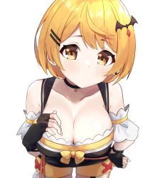 Rule 34 | 1girl, bare shoulders, bat hair ornament, black gloves, blonde hair, blurry, breasts, cleavage, collarbone, depth of field, fingerless gloves, gloves, hair ornament, hairclip, highres, hololive, large breasts, looking at viewer, revealing clothes, solo, syhan, transparent background, virtual youtuber, white background, yellow eyes, yozora mel, yozora mel (2nd costume)