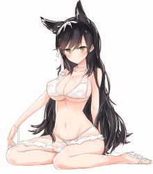 Rule 34 | 1girl, animal ears, artist request, atago (azur lane), atago (summer march) (azur lane), azur lane, bikini, black hair, blush, breasts, brown eyes, full body, highres, large breasts, long hair, looking at viewer, mole, mole under eye, o h miona, sitting, smile, solo, swept bangs, swimsuit, white background, white bikini