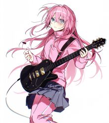 Rule 34 | 1girl, blue eyes, bocchi the rock!, cube hair ornament, electric guitar, gibson les paul, gotoh hitori, grey skirt, guitar, hair between eyes, hair ornament, highres, holding, holding instrument, instrument, jacket, liyu215722, long hair, long sleeves, looking at viewer, open mouth, pants, pants under skirt, pink hair, pink jacket, pink pants, pleated skirt, plectrum, simple background, skirt, solo, track jacket, track pants, white background