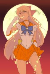 Rule 34 | 1girl, aino minako, bishoujo senshi sailor moon, blonde hair, bow, brown eyes, chain, choker, cowboy shot, earrings, elbow gloves, full moon, gloves, gradient background, grin, hair bow, half updo, heart, jewelry, long hair, looking at viewer, magical girl, moon, mouth hold, naughty face, orange skirt, red background, red bow, sailor venus, sketch, skirt, smile, solo, standing, teeth hold, thighs, tiara, tsubobot, very long hair