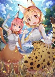 Rule 34 | 2girls, :d, absurdres, airmisuzu, animal ear fluff, animal ears, arm up, armpits, bare shoulders, belt, blonde hair, blue eyes, blue sky, blush, bow, bowtie, breasts, brown hair, brown legwear, brown skirt, caracal (kemono friends), cloud, cloudy sky, commentary request, day, elbow gloves, fang, frilled shirt, frills, gloves, grass, hand up, head tilt, high-waist skirt, highres, kemono friends, leaf, looking at viewer, medium breasts, multicolored hair, multiple girls, nature, open mouth, orange neckwear, outdoors, pink hair, serval (kemono friends), serval print, serval tail, shirt, shirt tucked in, short hair, skirt, sky, sleeveless, sleeveless shirt, smile, standing, sunlight, tail, thighhighs, traditional bowtie, tree, two-tone hair, white gloves, white shirt, yellow eyes, zettai ryouiki