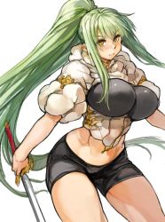 Rule 34 | 1girl, blush, breasts, curvy, green hair, holding, holding sword, holding weapon, huge breasts, long hair, looking at viewer, midriff, navel, original, perky breasts, ponytail, sachito, simple background, smile, solo, sumi-chan (sachito), sword, thick thighs, thighs, very long hair, weapon, white background, yellow eyes
