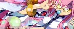 Rule 34 | 1girl, 2016, bangle, blazblue, blazblue: central fiction, bracelet, breasts, candy, cat tail, colored eyelashes, fingernails, food, glasses, hair between eyes, holding, holding food, jewelry, kokonoe (blazblue), lollipop, long hair, midriff, official art, pince-nez, pink hair, slit pupils, small breasts, solo, tail, take (illustrator), watermark, wide sleeves, yellow eyes