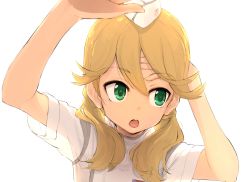 Rule 34 | 1girl, :o, alice gear aegis, arms up, blonde hair, commentary request, garrison cap, green eyes, hair between eyes, hair over shoulder, hand on own forehead, hat, highres, kotomura akane, long hair, low twintails, mini hat, momo (higanbana and girl), open mouth, round teeth, see-through, shirt, short sleeves, simple background, solo, teeth, twintails, upper body, upper teeth only, white background, white hat, white shirt