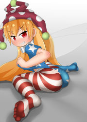 Rule 34 | 1girl, american flag, american flag legwear, american flag print, ass, bed, blonde hair, blush, clownpiece, feet, flag print, grin, haiiroguma, hat, highres, jester cap, long hair, looking at viewer, looking back, no shoes, pantyhose, red eyes, shiny clothes, sitting, smile, soles, solo, toes, touhou, very long hair, wariza