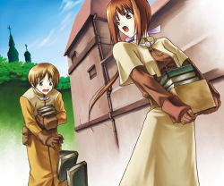 Rule 34 | 1boy, 1girl, acolyte (ragnarok online), blonde hair, blue sky, book, brown dress, brown eyes, brown gloves, brown hair, building, capelet, cassock, cloud, commentary request, cowboy shot, cross, day, dress, dropping, gloves, holding, holding book, long hair, long sleeves, looking at another, looking back, morino kiriko, open mouth, outdoors, ponytail, ragnarok online, short hair, sky, white capelet