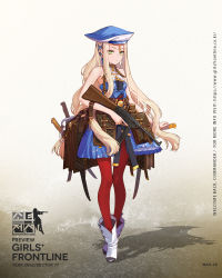 Rule 34 | 1girl, artist request, bag, belt, blonde hair, blue dress, blue hat, boots, character name, closed mouth, cross, dress, eyes visible through hair, full body, girls&#039; frontline, green eyes, gun, hair ribbon, hat, highres, holding, holding gun, holding weapon, jewelry, knife, long hair, mas-38, official art, pantyhose, pouch, red pantyhose, ribbon, sidelocks, sleeveless, solo, standing, submachine gun, sword, weapon, white footwear