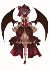 Rule 34 | 1girl, alternate costume, bat wings, bow, dress, female focus, frilled dress, frills, full body, glowing, glowing eyes, hat, light purple hair, red eyes, remilia scarlet, simple background, solo, touhou, white background, wings, yuha (yh-krm)