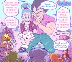 Rule 34 | 1boy, 1girl, black eyes, black hair, blue eyes, blue hair, bra (dragon ball), child, commentary, diamond (gemstone), dragon ball, dragonball z, dress, english commentary, english text, father and daughter, green pants, green socks, hair ornament, hair scrunchie, high ponytail, highres, kneeling, muscular, muscular male, no shoes, open mouth, pants, pink shirt, polka dot, polka dot dress, scrunchie, shirt, sitting, sitting on lap, sitting on person, smile, socks, stuffed animal, stuffed dog, stuffed dolphin, stuffed duck, stuffed narwhal, stuffed octopus, stuffed toy, sweatdrop, teddy bear, twitter username, vegeta, whirlydoodle