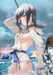 Rule 34 | 1girl, bare shoulders, black hair, blue eyes, blue ribbon, blush, breasts, closed mouth, cloud, cloudy sky, collarbone, dress, fate/grand order, fate/requiem, fate (series), fundoshi, highres, japanese clothes, jewelry, kanzarin, long sleeves, looking at viewer, magatama, magatama hair ornament, medium breasts, medium hair, multicolored hair, necklace, ocean, pelvic curtain, pink hair, polearm, puffy long sleeves, puffy sleeves, ribbon, see-through, seigaiha, short dress, sideboob, sideless outfit, sky, spear, streaked hair, thighs, two-sided fabric, two-sided skirt, utsumi erice, wading, weapon, wet, wet clothes, white dress