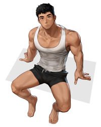 Rule 34 | 1boy, bare legs, barefoot, black hair, black shorts, brown eyes, full body, highres, invisible chair, looking at viewer, male focus, muscular, muscular male, no pants, original, pectoral cleavage, pectorals, rinotuna, shadow, short hair, shorts, sitting, solo, tank top, thighs, white tank top