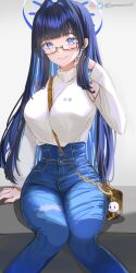 Rule 34 | 1girl, absurdres, bag, bare shoulders, between breasts, blue eyes, blue hair, blunt bangs, blush, boros (ouro kronii), breasts, closed mouth, clothing cutout, colored inner hair, dark blue hair, denim, feet out of frame, flipped hair, glasses, hair intakes, halo, handbag, high-waist pants, highres, hololive, hololive english, jeans, knowname, large breasts, long hair, long sleeves, multicolored hair, narrow waist, official alternate costume, official alternate hairstyle, ouro kronii, ouro kronii (casual), pants, shoulder cutout, sitting, smile, solo, strap between breasts, sweater, sweater tucked in, torn clothes, torn pants, turtleneck, turtleneck sweater, twitter username, virtual youtuber, white sweater