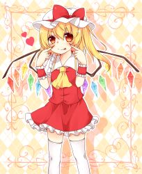 Rule 34 | 1girl, ascot, blonde hair, embodiment of scarlet devil, female focus, flandre scarlet, hat, highres, nail polish, red eyes, silver hair, skirt, skirt set, solo, thighhighs, tongue, tongue out, touhou, white thighhighs, wings, wrist cuffs, yuria (kittyluv)