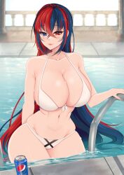 Rule 34 | 1girl, absurdres, alear (female) (fire emblem), alear (fire emblem), alternate breast size, alternate costume, arm behind back, bikini, blue eyes, blue hair, braid, breasts, can, cleavage, crossed bangs, crown braid, cryptid crab, drink can, fire emblem, fire emblem engage, heterochromia, highres, huge breasts, long hair, multicolored hair, navel, nintendo, pool, red eyes, red hair, skindentation, smile, soda can, solo, split-color hair, swimsuit, thick thighs, thighs, two-tone hair, very long hair, water, wet, white bikini, wide hips