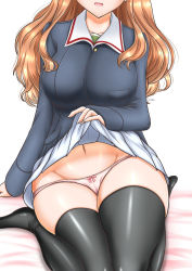 Rule 34 | 1girl, artist name, bed sheet, black thighhighs, bow, bow panties, clothes lift, commentary request, facing viewer, girls und panzer, green shirt, groin, io-catalyst, jacket, lifted by self, long hair, long sleeves, military, military uniform, miniskirt, navel, on bed, ooarai military uniform, open mouth, orange hair, out of frame, panties, partial commentary, pink panties, pleated skirt, shirt, signature, sitting, skindentation, skirt, skirt lift, smile, solo, takebe saori, thighhighs, thighs, underwear, uniform, wariza, white background, white skirt