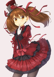 Rule 34 | 1girl, alternate costume, black pantyhose, brown eyes, brown hair, dress, gloves, gothic lolita, grey background, hat, juliet sleeves, kantai collection, lolita fashion, long hair, long sleeves, nueco, pantyhose, puffy sleeves, red dress, red hat, ryuujou (kancolle), simple background, smile, solo, twintails, white gloves
